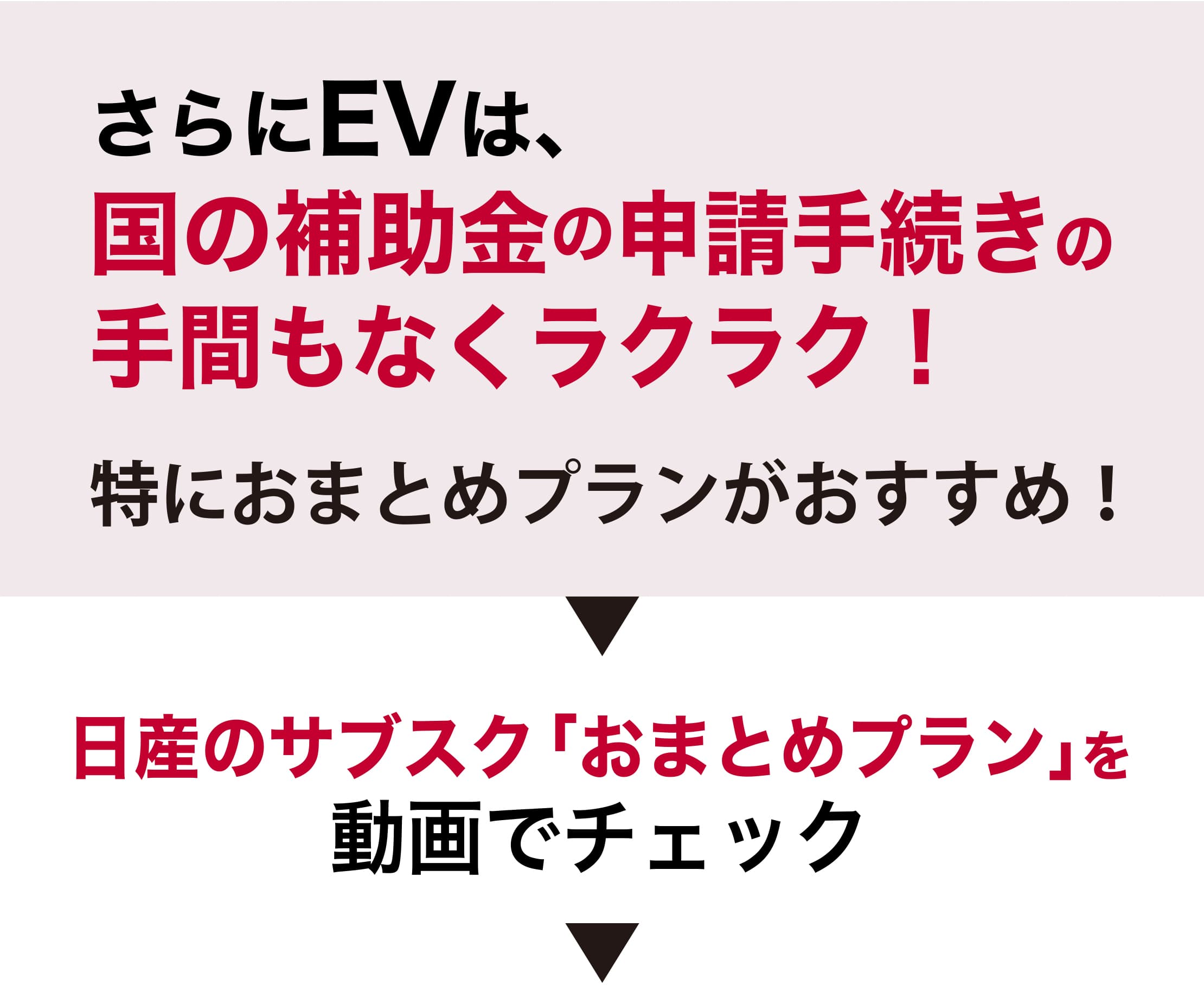 日産のサブスク：おまとめプラン 「EV車は、国の補助金の申請手続きの手間もなくラクラク！」